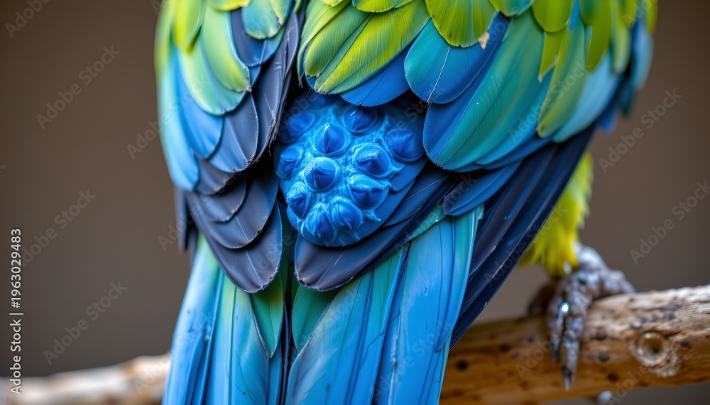 Obraz premium The image shows a close up of a colorful bird perched on a branch. The bird's feathers display a vibrant mix of greens, blues, and black, with a detailed view of the intricate feather patterns
