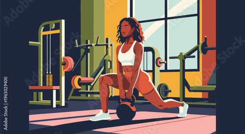 Vector illustration of a woman performing a lunge with a kettlebell in a gym, vibrant and energetic workout scene