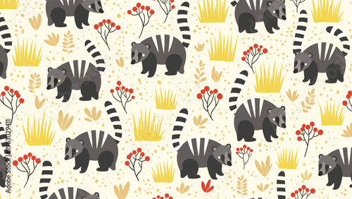 Playful seamless pattern featuring striped-tail lemurs wandering through tall grass and red berry bushes on a light speckled background.