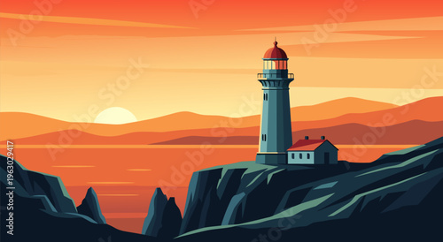 Coastal sunset vector illustration of a lighthouse on a cliff overlooking the ocean, serene landscape art