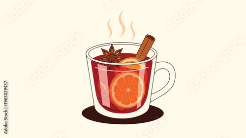 Warm illustration of a glass mug filled with red mulled wine, orange slices, star anise, and a cinnamon stick with steam for winter.