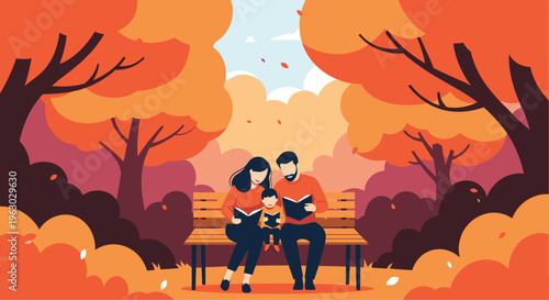 Family with a small child sitting on a bench reading books together in a vibrant autumn park with falling orange leaves.