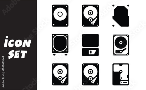 A set of black and white icons depicting various types of computer storage devices including hard drives and solid state drives and cd and dvd drives and flash drives and more
