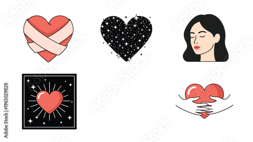 Diverse set of heart-themed graphics including a bandaged heart, a starry heart, hands holding a heart, and a woman portrait.