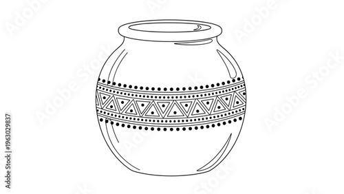 Simple black and white line art illustration of a rounded ceramic pot or vase featuring ethnic geometric patterns and dotted trims.