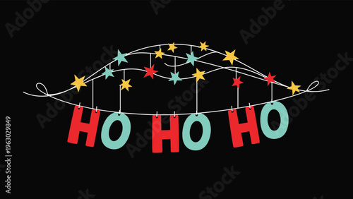 Colorful festive Christmas banner featuring the words HO HO HO hanging with colorful stars on strings against a solid black background.