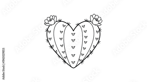 Whimsical black and white line art illustration of a cactus in the shape of a heart featuring small flowers on its top corners.