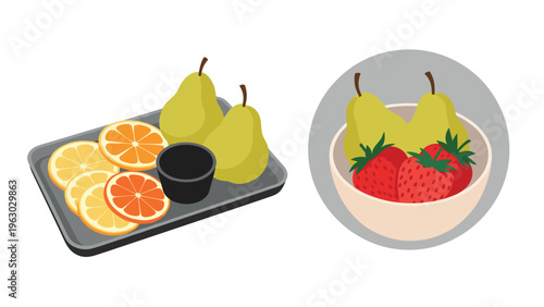Two food illustrations showing a tray with pears, citrus slices, and a dip alongside a bowl of pears and strawberries on white.