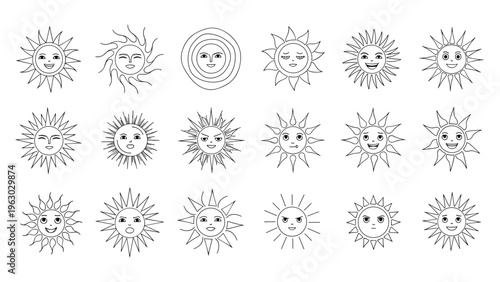 Set of eighteen diverse sun illustrations with various facial expressions and ray designs in a detailed black and white line art style.