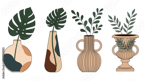 Four stylized illustrations of indoor plants including monstera and leafy branches in decorative ceramic vases with earthy tones.