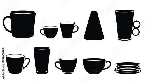 Collection of solid black silhouettes depicting different shapes of coffee mugs, tea cups, a glass, and a stack of small plates.