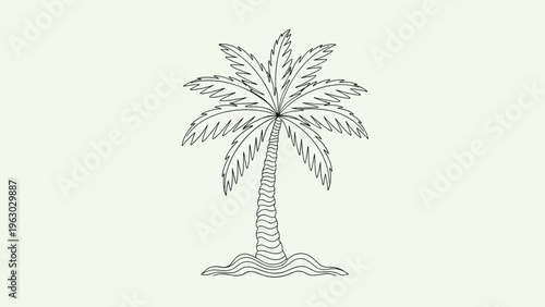 Detailed black and white line art illustration of a tall palm tree with textured bark and broad fronds for tropical themed design.