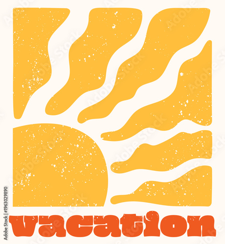 Poster with the sun rise in retro style with texture. Sun with wavy rays in boho style. Vector retro poster with grainy texture. Hippie summer background.