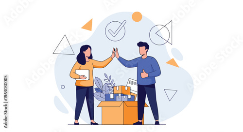 Couple giving each other a high five while packing cardboard boxes for a new home move in a stylized illustration.