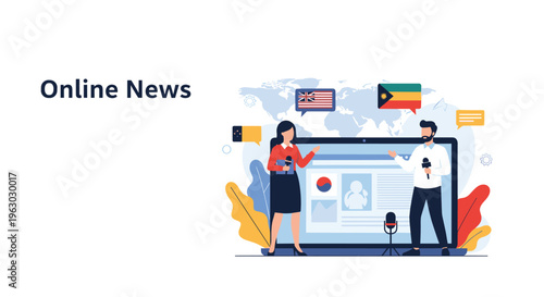 Online news broadcasting concept showing journalists presenting world events from a laptop screen with global flags.