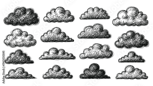 Set of sixteen various hand-drawn clouds in a sketchy black and white style, showing different sizes, shapes, and shading densities.