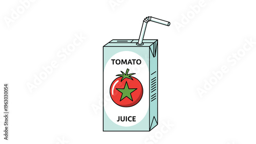 Simple flat vector illustration of a light blue tomato juice box featuring a large red tomato with a green star and a straw.