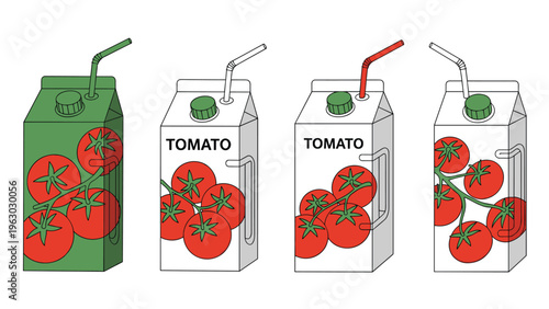Set of four stylized juice box illustrations featuring tomato graphics and TOMATO text in various colors and outline styles.