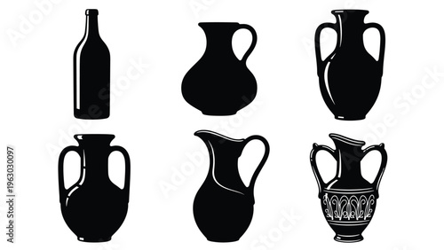 Group of silhouettes showing various shapes of antique pottery including a wine bottle, jugs, and vases arranged in two rows on a white background.