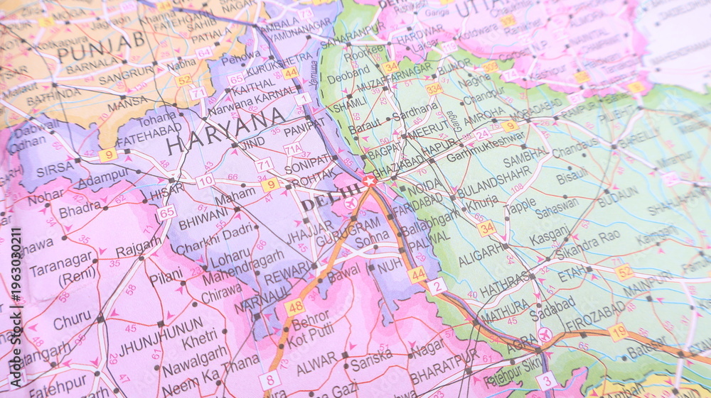 Fototapeta premium Haryana & Delhi, India - Detail from a Colorful Map