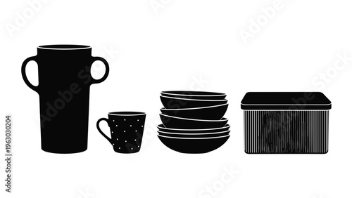 Black silhouettes of household items including a tall pitcher, a polka dot mug, a stack of bowls, and a rectangular box are shown in a line.