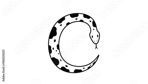 Simple black and white line drawing of a spotted snake curled into a C shape with its tongue out for a minimalist animal art illustration.