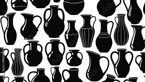Intricate seamless pattern features a dense arrangement of various black pottery jugs and vases of different shapes and sizes on a white field.