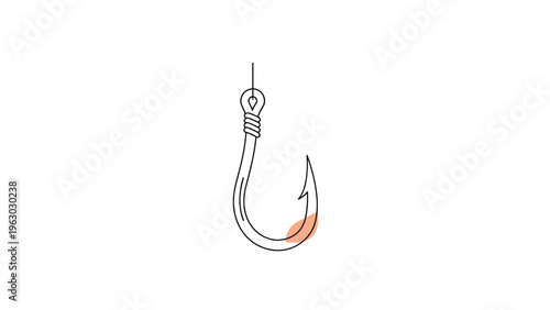 Clean black line illustration of a sharp fishing hook with a small peach colored accent spot near the barb for a modern graphic design look.