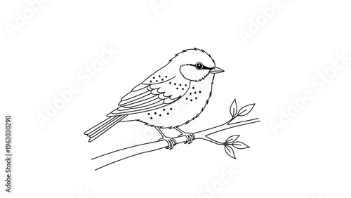 Delicate black and white line drawing of a small bird perched calmly on a thin tree branch with a few leaves for a peaceful nature scene.