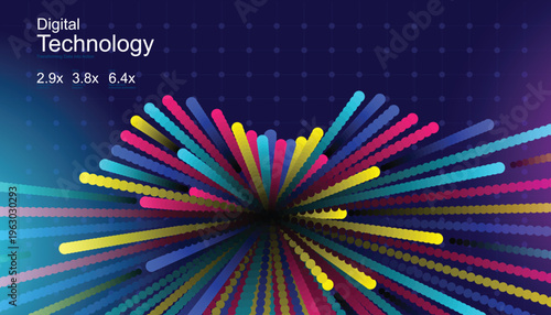 Digital technology abstract background with colorful light streaks and data points