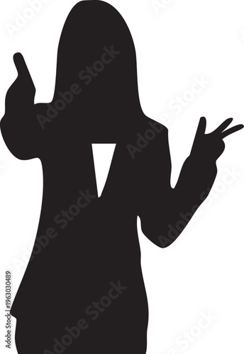 a silhouette of a person making peace and victory hand gestures with both hands raised, standing confidently against a plain backdrop
