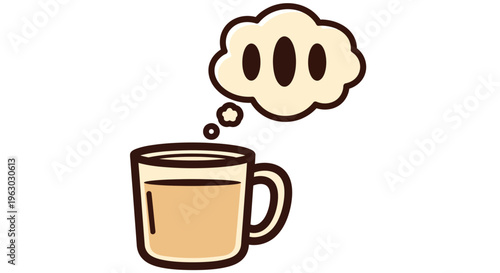 A cartoon coffee cup with a thought bubble.