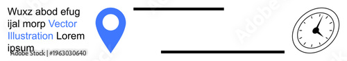 Navigation, time management, logistics, scheduling, travel, efficiency. A blue map marker and an analog clock with text and lines. Navigation and time management symbolism for schedules and travel