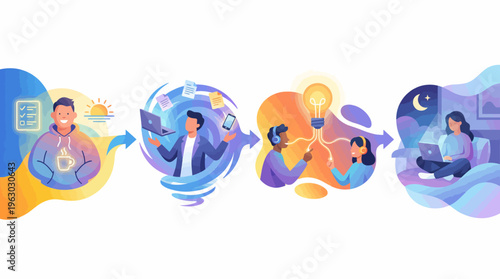 Business Workflow Day Cycle Focus Collaboration and Freelance Night Work Vector