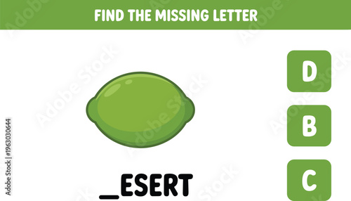 Educational activity worksheet for children to find the missing letter for a lime fruit