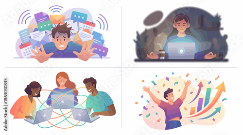 Employee Productivity Journey From Overwhelmed to Achievement Vector Illustration