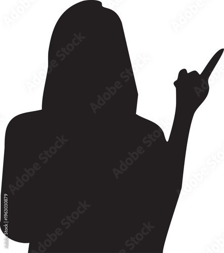 a silhouette of a person standing with one arm raised and finger pointing upwards, emphasizing a gesture of direction or emphasis, set against a plain backdrop