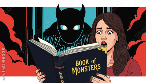 Frightened young woman reading a book of monsters while a dark shadowy creature with glowing eyes lurks behind her.
