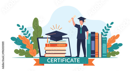 Proud male student in a graduation cap and gown holding a diploma next to a stack of books and a computer screen showing a certificate.