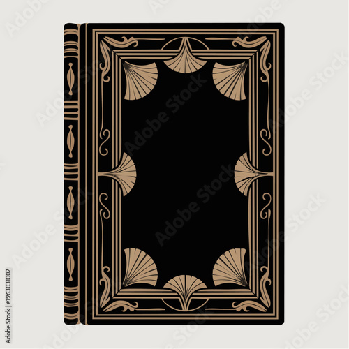 Vintage art deco black leather book cover design with gold foil stampi