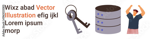 Data security, access management, cybersecurity, database protection, technology awareness, user experience. ion includes keys, database symbol and triumphant individual. Data security and access