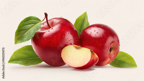 Red apple whole pieces set isolated on white background