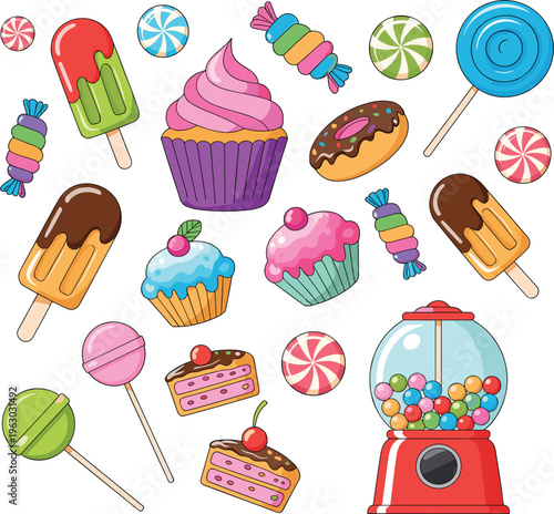 Sweet desserts vector set, candy cupcakes ice cream lollipops donuts and gumball machine