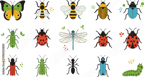 Colorful Insect Collection Featuring Butterfly Bee Ladybug Dragonfly Beetle Ant and Caterpillar in Flat Style for Nature Education and Design Projects.