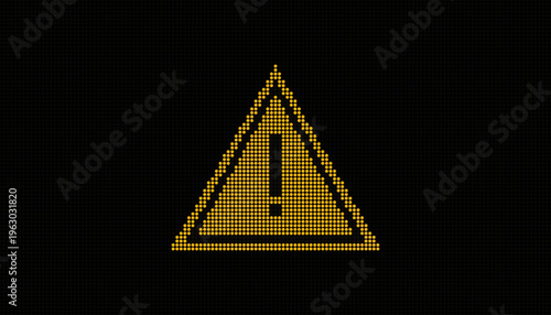 Digital illustration of a yellow exclamation mark inside a triangle, rendered in a dotted LED display style. Ideal for concepts related to digital alerts, system errors or road safety.
