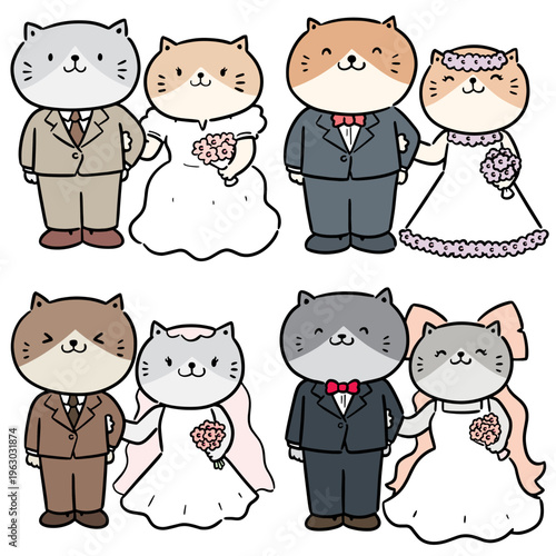 vector set of cat wedding couple