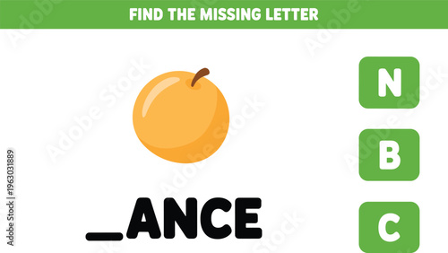 Educational activity worksheet for children to find the missing letter for an orange fruit