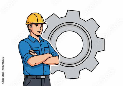 Skilled Engineer Standing Confidently with Gear Symbol.