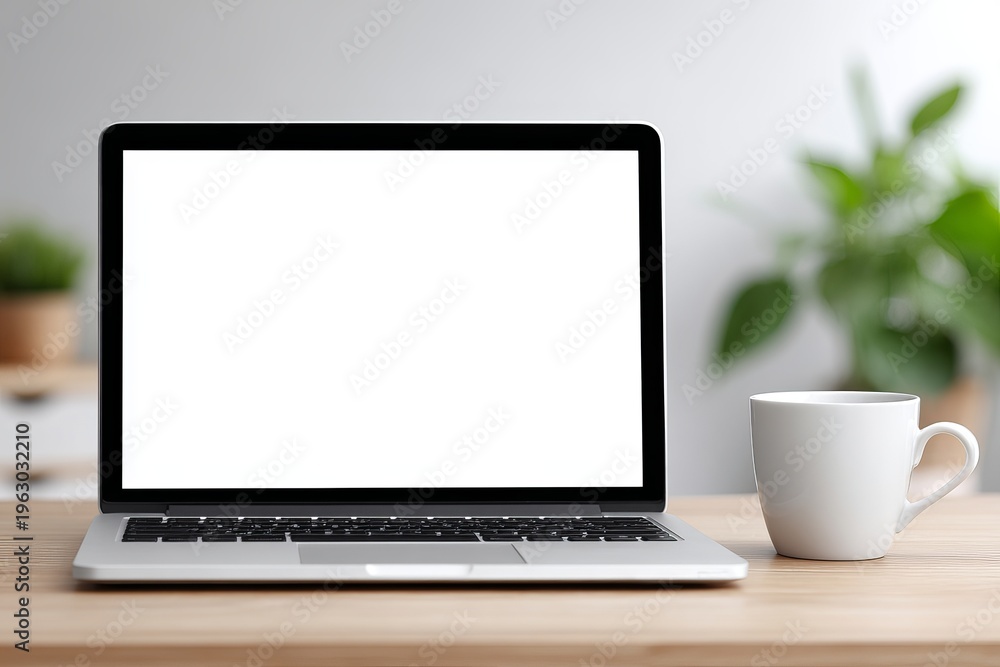 Fototapeta premium Modern home office productivity concept with a blank digital display and minimalist decor.