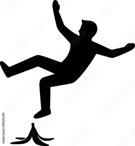 Man Slipping on Banana Peel Silhouette - Comical Accident and Hazard Warning Vector Illustration
